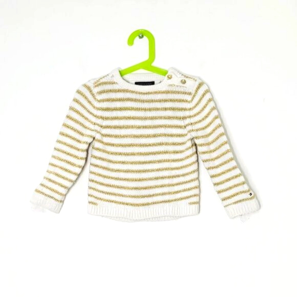 Tommy Hilfiger Kids White Gold Stripe Cotton Blend Button Detail Sweater Sz 4T